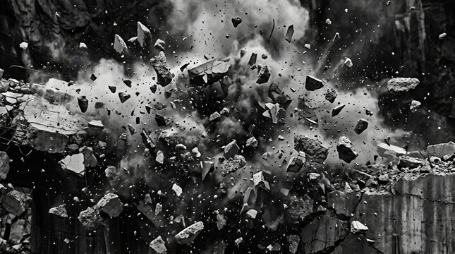 Monochrome Concrete Explosion Sending Debris Outward.