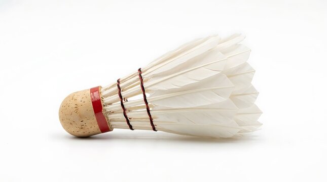 Professional white badminton shuttlecock with cork base on white background.