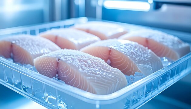 Fresh frozen fish fillets arranged neatly in a transparent plastic tray