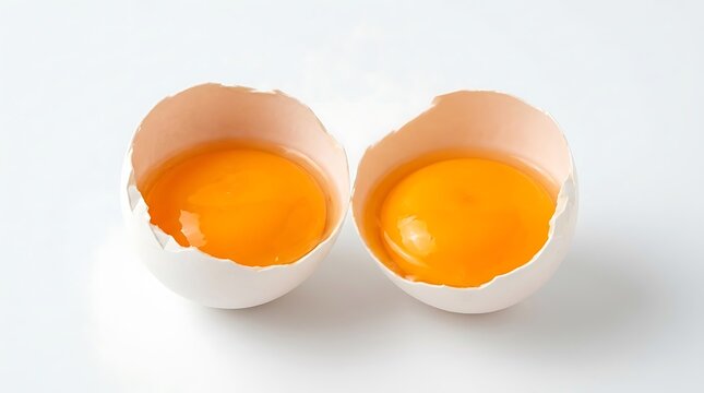 Two halves of a cracked raw egg with bright orange yolks on white background.