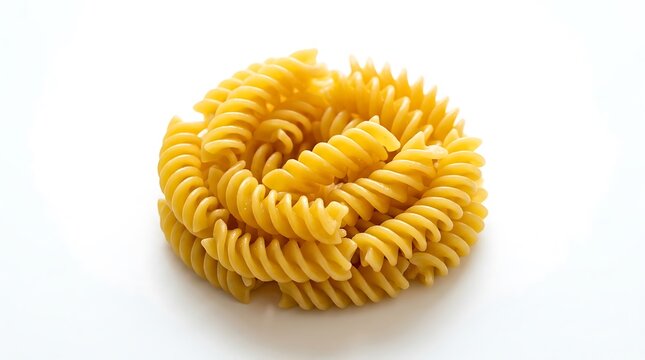 Uncooked fusilli pasta noodles arranged in a circular nest shape on a white background.