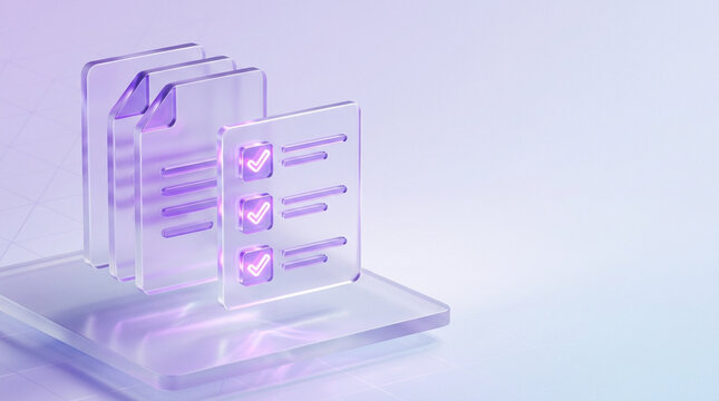 3D illustration of translucent purple glass digital documents and checklist icon with neon glowing checkmarks, representing electronic data management and task completion status.