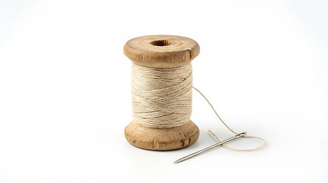 Vintage wooden spool of beige sewing thread with a needle on white background.