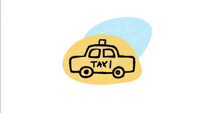 An animated hand-drawn classic yellow city taxi cab with a top sign. Perfect for ride-hailing services, urban taxi transport, city travel, and airport pickup services. 