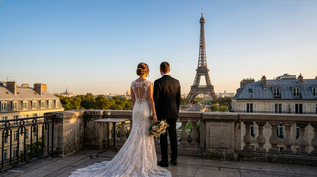 Newlywed bride and groom standing on balcony looking at Eiffel Tower during sunset in Paris