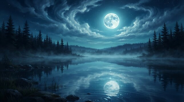 A serene night landscape featuring a full moon reflecting over a calm misty lake surrounded by pine trees.