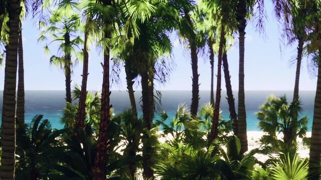 Palm trees surround a sandy beach with clear blue water in the background. The sun shines brightly, creating a bright and vibrant atmosphere.