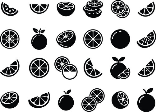 Collection of various citrus fruits vector icons in a simple black silhouette style