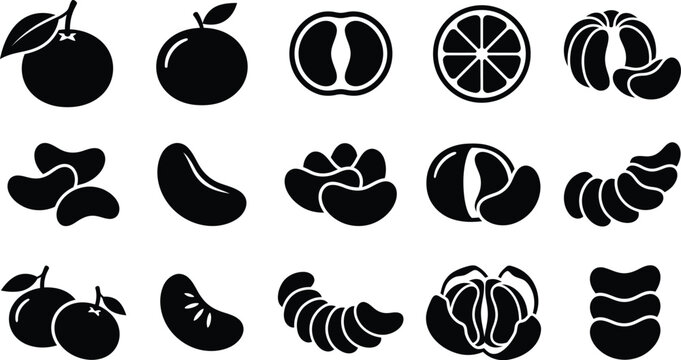 Set of black and white citrus and orange fruits vector icons for graphic design projects