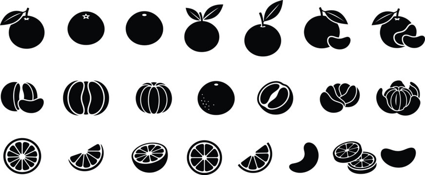 Collection of various citrus and orange fruits vector icons in a simple black silhouette style