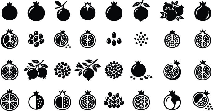 Collection of pomegranate fruits vector icons in black and white style