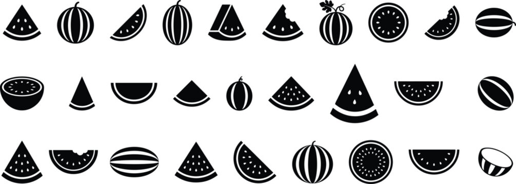 Collection of various watermelon slice and whole fruits vector icon set