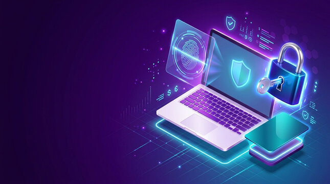Cybersecurity 3D isometric illustration of a laptop with a glowing padlock, key, fingerprint biometric scanner, shield icon, and data security elements on a purple background.