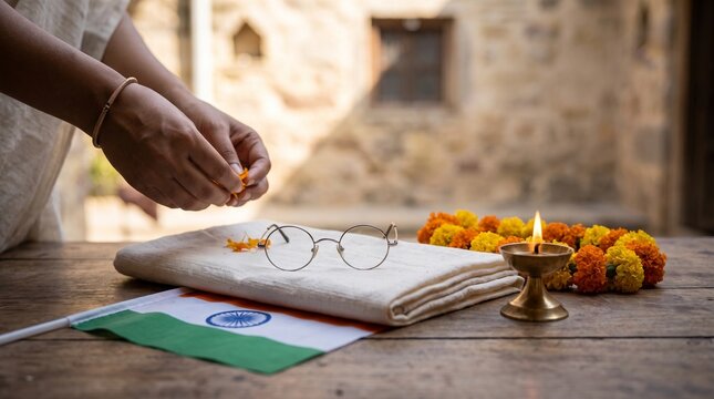 Person offering flowers to Mahatma Gandhi's spectacles and Indian flag on a wooden table.