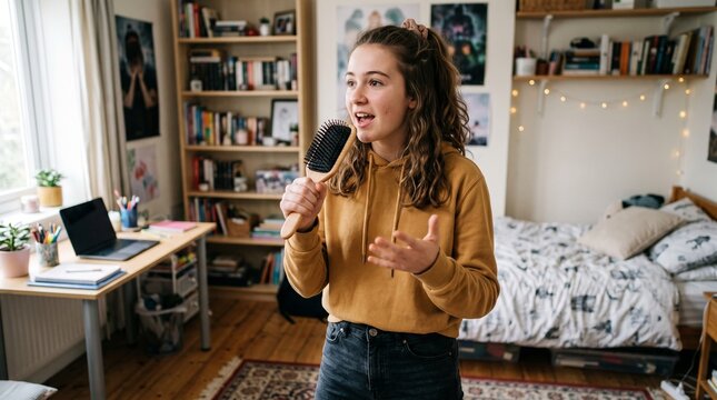 Teenage girl singing into a hairbrush in her bedroom, pretending to be a pop star