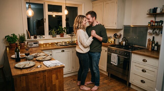Young couple dancing romantically in a cozy kitchen after dinner with fairy lights
