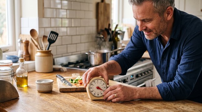Man setting kitchen timer while cooking in a bright, modern kitchen with fresh ingredients on the counter