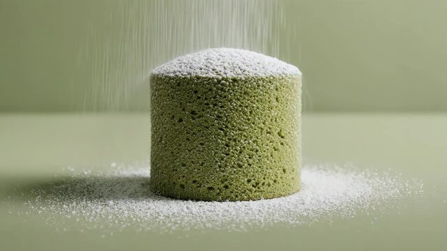 slow-motion shot of a matcha sponge cake dusted with powdered sugar