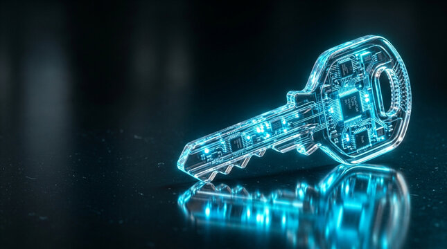 Futuristic transparent key with glowing blue internal microchips and electronic circuits on a dark reflective surface, illustrating cybersecurity, data protection, and encryption.