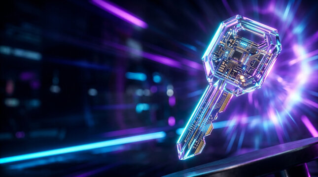 Digital security key made of transparent crystal with visible internal circuitry and microchips set against a dark background with neon blue and purple light motion trails.