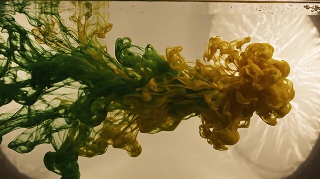 Yellow and green ink mixing in clear water creating abstract clouds