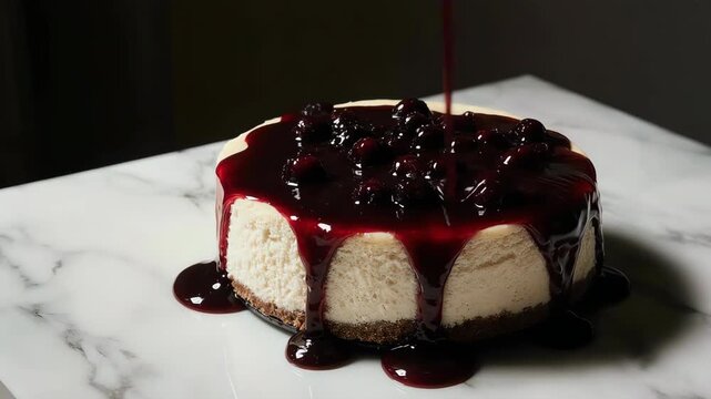 a creamy cheesecake with berry sauce gently poured on top