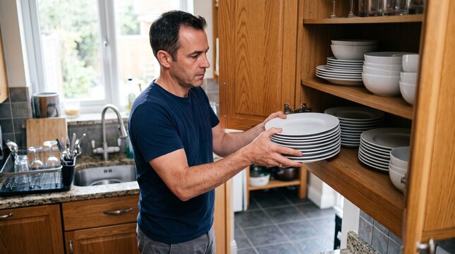 Man placing stack of white plates into a wooden kitchen cabinet filled with dishes
