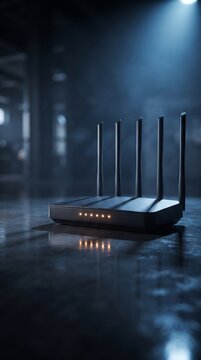 Black wireless internet router featuring multiple vertical antennas and glowing indicator lights on a table wifi router internet connection network hardware tech gear