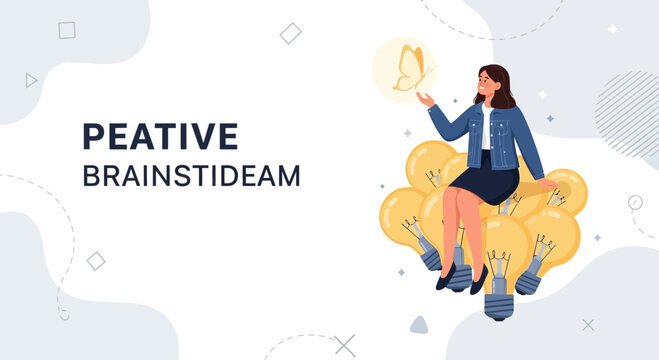 Creative woman sitting on light bulbs, brainstorming, inspiration, new ideas, innovation, eureka moment, business success concept, vector illustration.