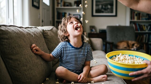 Joyful child with curly hair catching popcorn in mouth while sitting on sofa at home