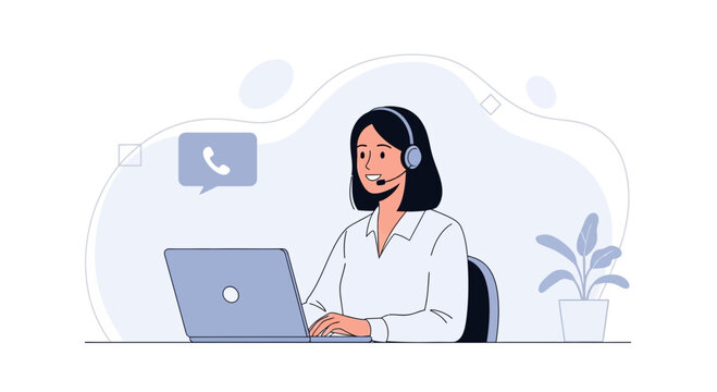 Customer Service Representative with Headset and Laptop, Vector Illustration for Support and Communication Concepts