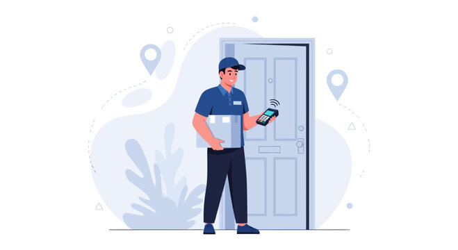 Delivery person with package and scanner at a front door, modern flat illustration style