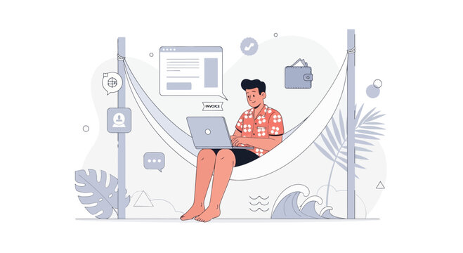 Digital Nomad Working on Laptop in Hammock at Beach - Freelance Remote Work Concept
