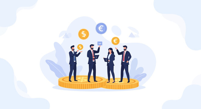 Diverse business people in suits standing on gold coins, managing finances with currency symbols and abstract background
