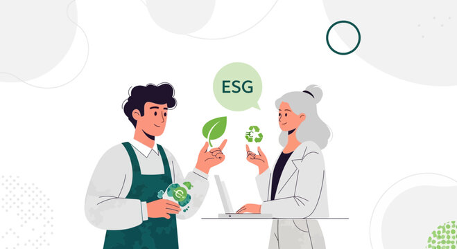 Diverse business professionals discuss ESG - Environmental, Social, Governance principles for sustainable business growth and investment.