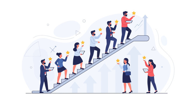 Diverse business professionals ascending an escalator, holding stars and tablets, symbolizing success, teamwork, and career growth.