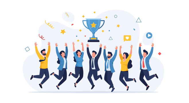 Diverse Business Team Celebrating Success with Trophy and Confetti