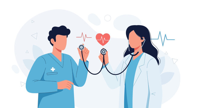 Diverse Doctors with Stethoscope Examining Heart and EKG Line, Medical Healthcare Concept Illustration