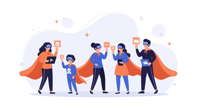 Diverse Family Exploring Virtual Reality Metaverse with VR Headsets and Capes
