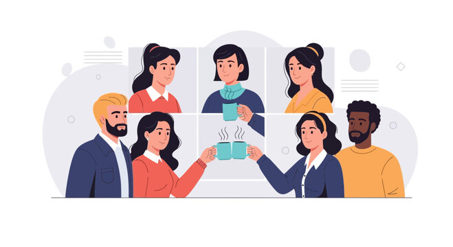 Diverse group in video call, enjoying coffee and connecting remotely, illustration of modern communication