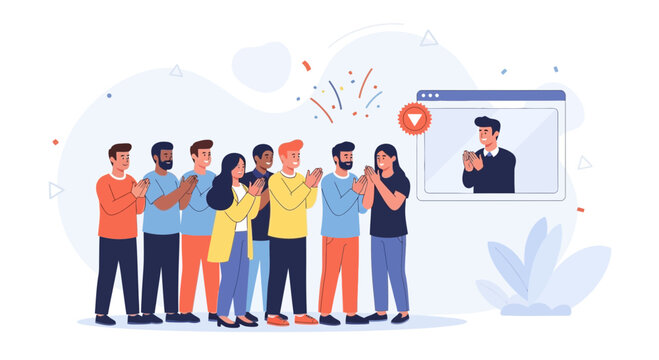 Diverse group of people applauding a speaker in a video call, celebrating success and achievement