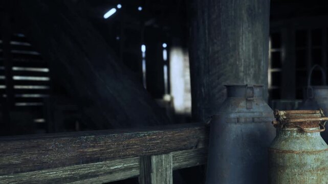 Rusty milk cans sit on a rough wooden table inside an old barn. Light filters through cracks in the barn walls. Dust motes are visible in the air.