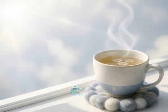 Calming Chamomile Tea in a Ceramic Cup by a Bright Window