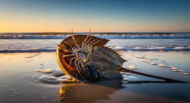 Upside Down Horseshoe Crab on the Beach at Sunrise
