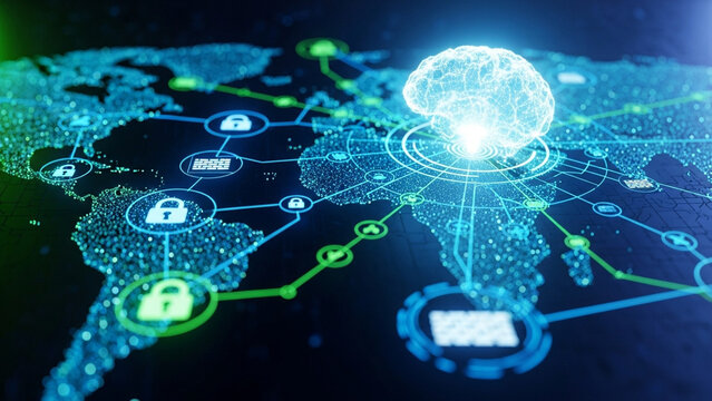 Digital human brain glowing above a stylized world map with interconnected network nodes, cybersecurity padlock icons, and glowing green data lines on a dark tech background.