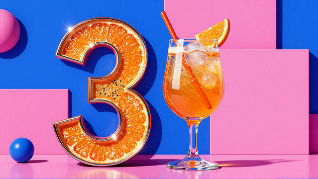 Refreshing orange cocktail with number three on colorful background