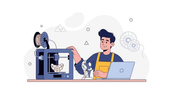 Man operating 3D printer with laptop, creating innovative objects with modern technology