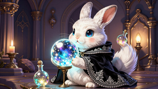White rabbit wizard predicting the future with a crystal ball