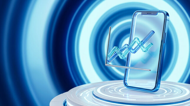 3D rendering of a translucent blue smartphone on a lighted circular pedestal with a volumetric line chart showing an upward trend, featuring an abstract blue circular background.