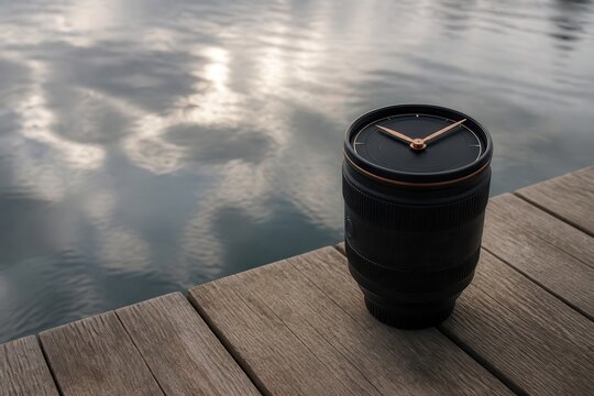 Lens Mug Resting on Wooden Dock by Calm Water